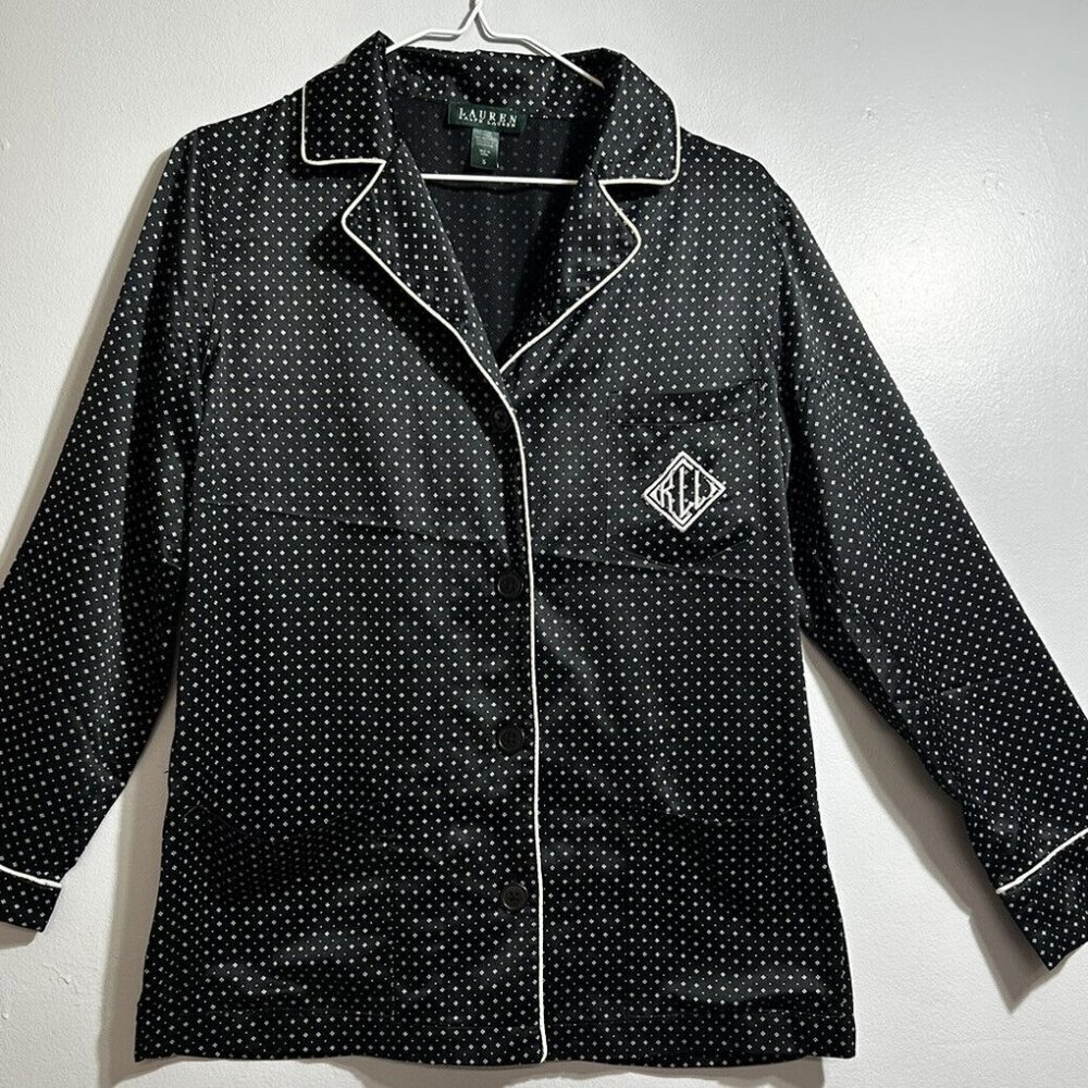 LAUREN‎ RALPH LAUREN Black White Monographed Long Sleeve Pajamas Shirt  Sz S